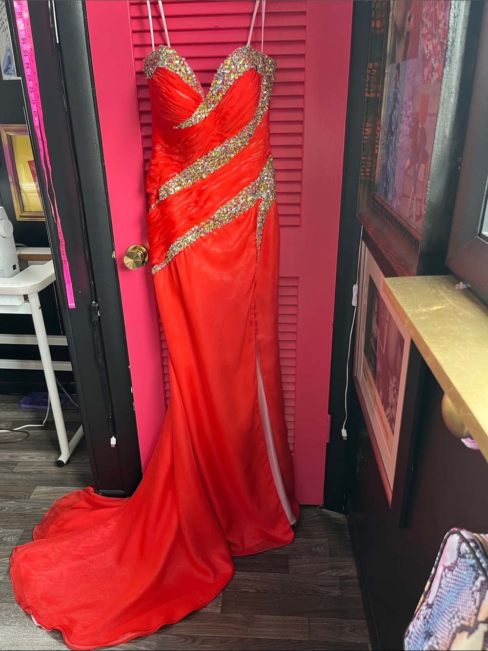 Sherri Hill Coral Crystal-Embellished Strapless Gown